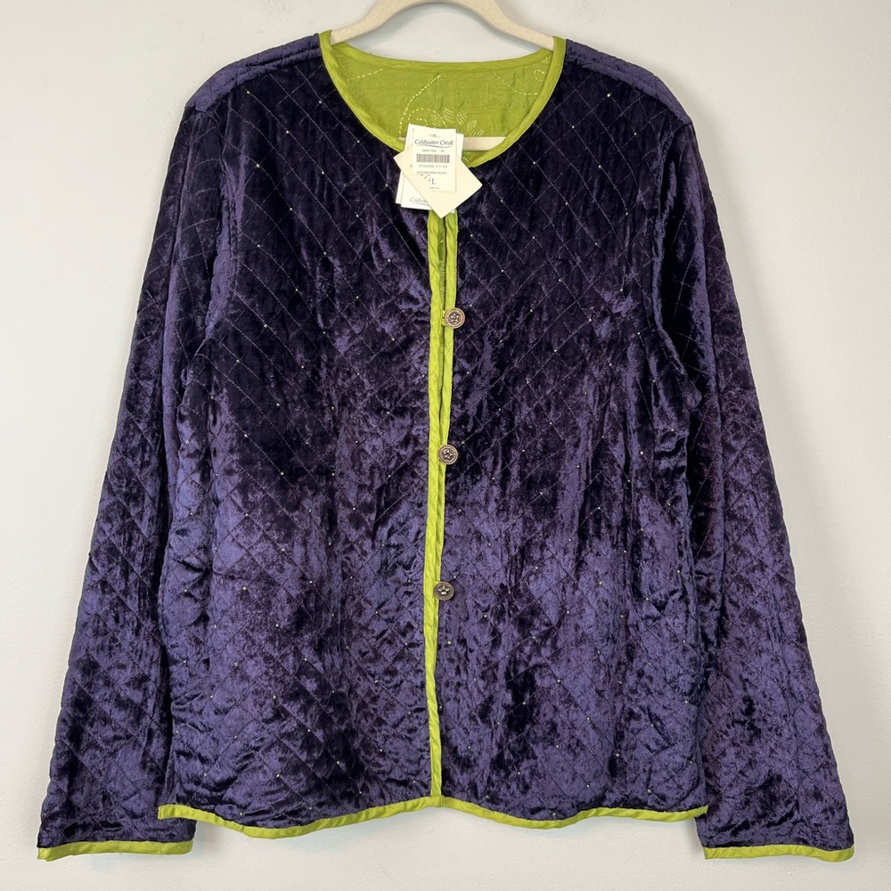 NWT Coldwater Creek Reversible Quilted Beads Embellished Silk Purple Large